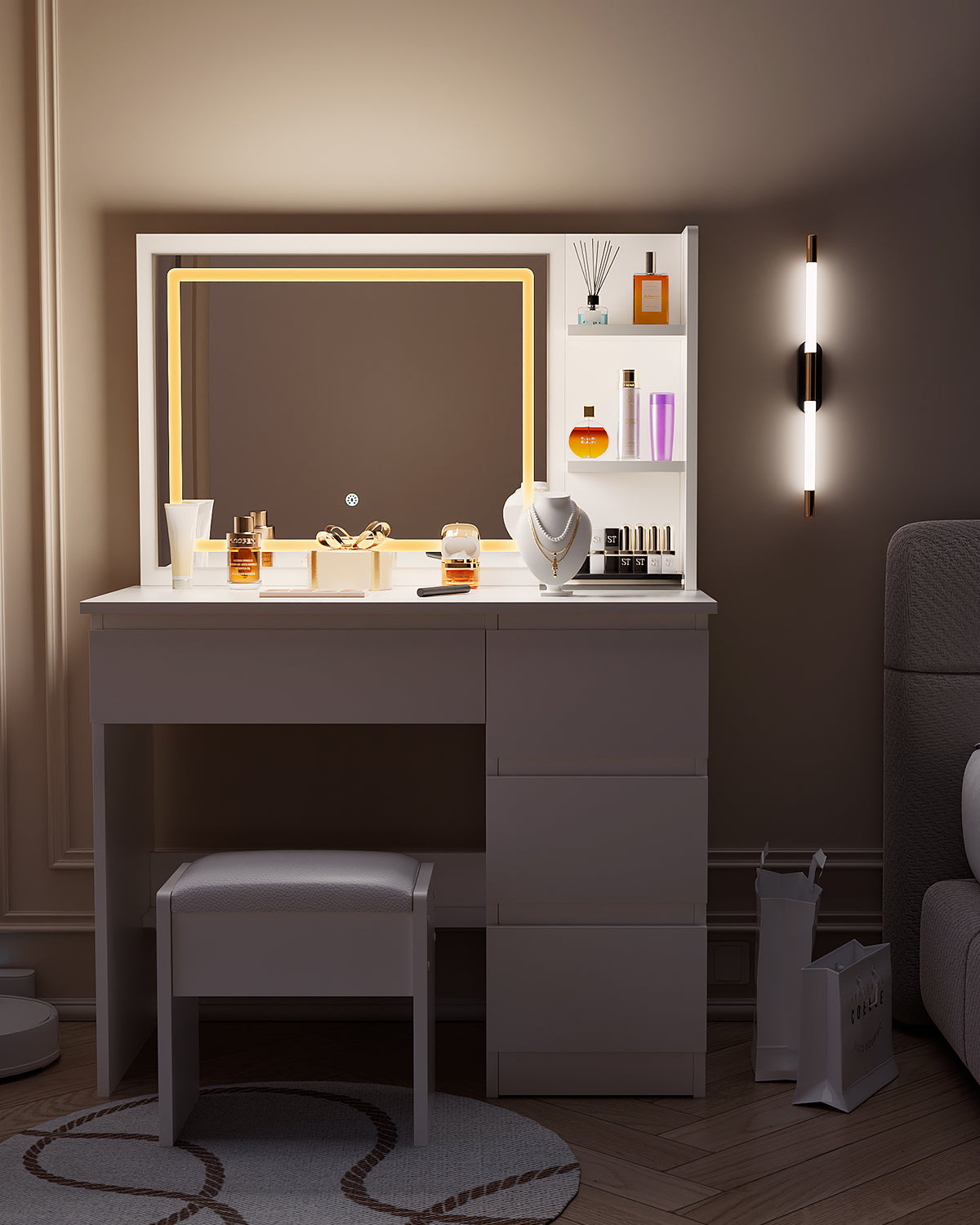 Vanity Table - Model 1001- White, 100x40cm, Stool Included