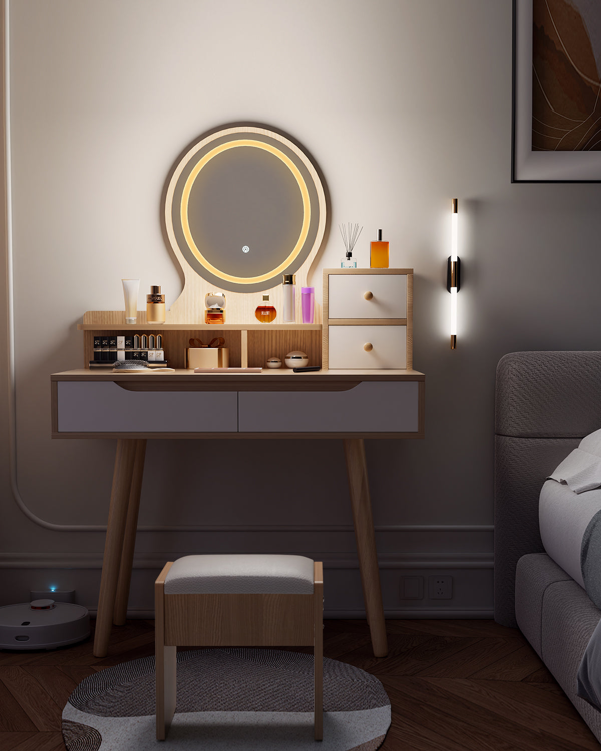Vanity Table - Model D68 - Wood-colored, 80x40cm, Stool Included