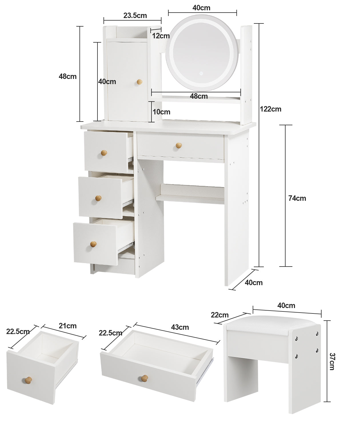 Vanity Table - Model 612 - White, 80x40cm, Stool Included
