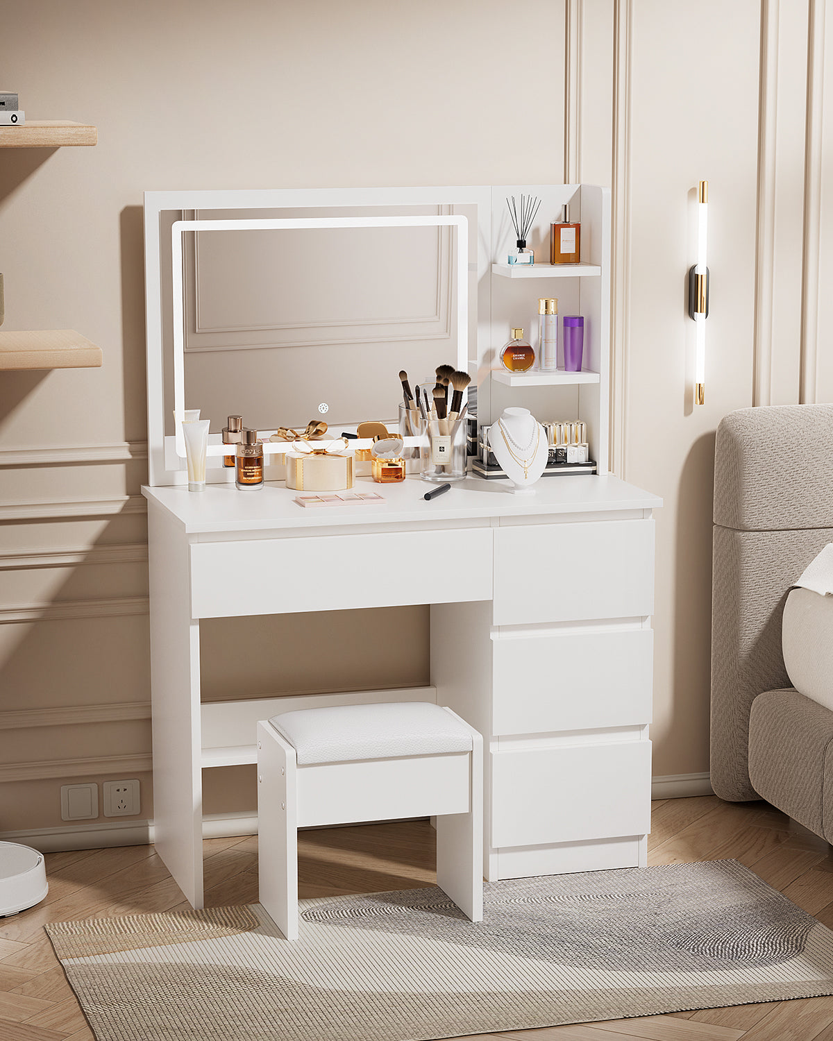 Vanity Table - Model 1001- White, 100x40cm, Stool Included