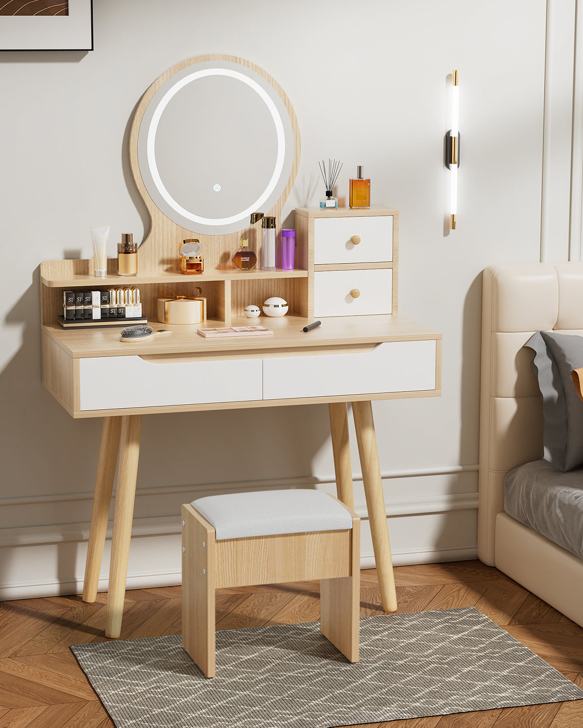 Vanity Table - Model D68 - Wood-colored, 80x40cm, Stool Included
