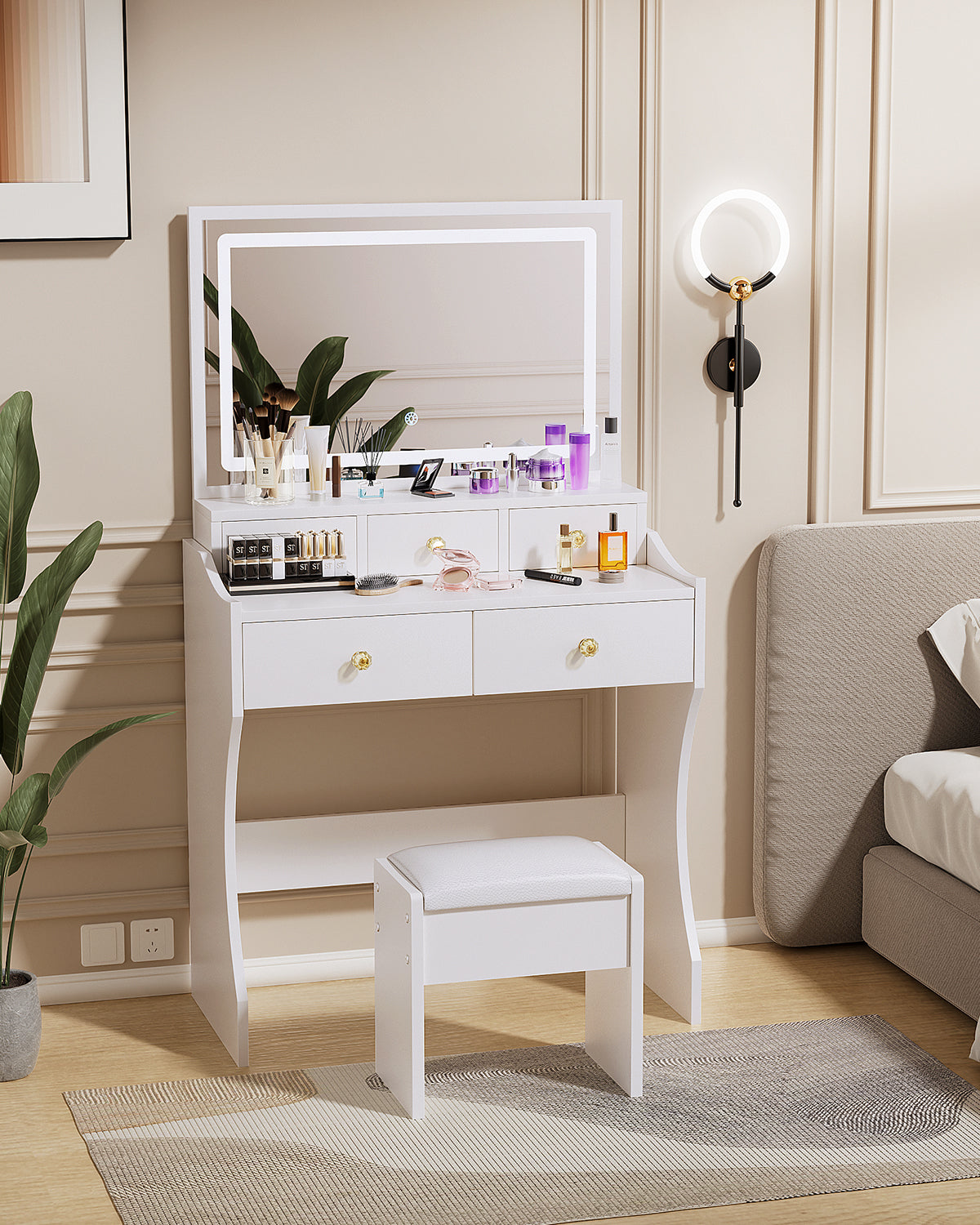 Vanity Table - Model D089 - White, 80x40cm, Extra Large Mirror, Stool Included