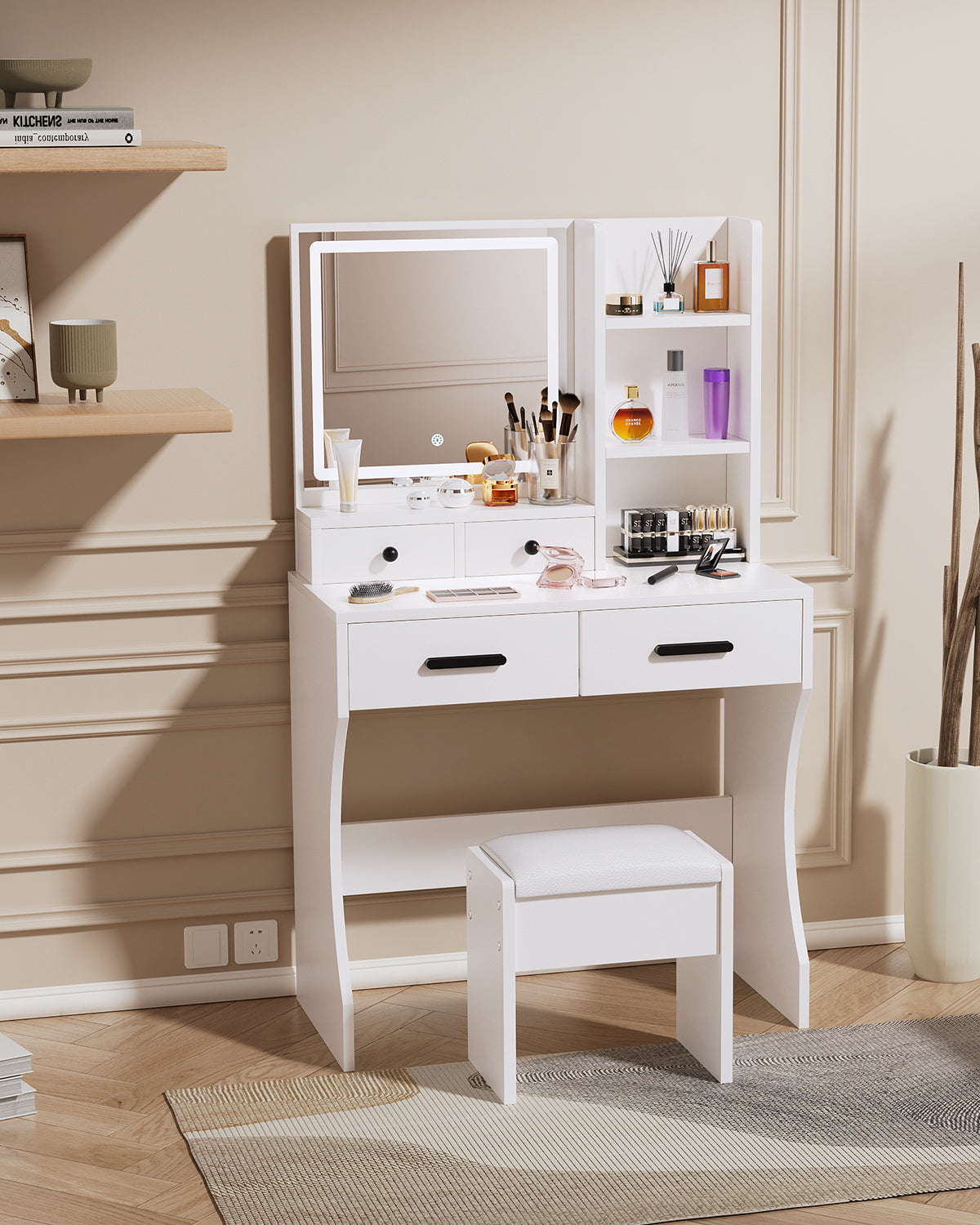 Vanity Table - Model D091A - White, 80x40cm, Stool Included