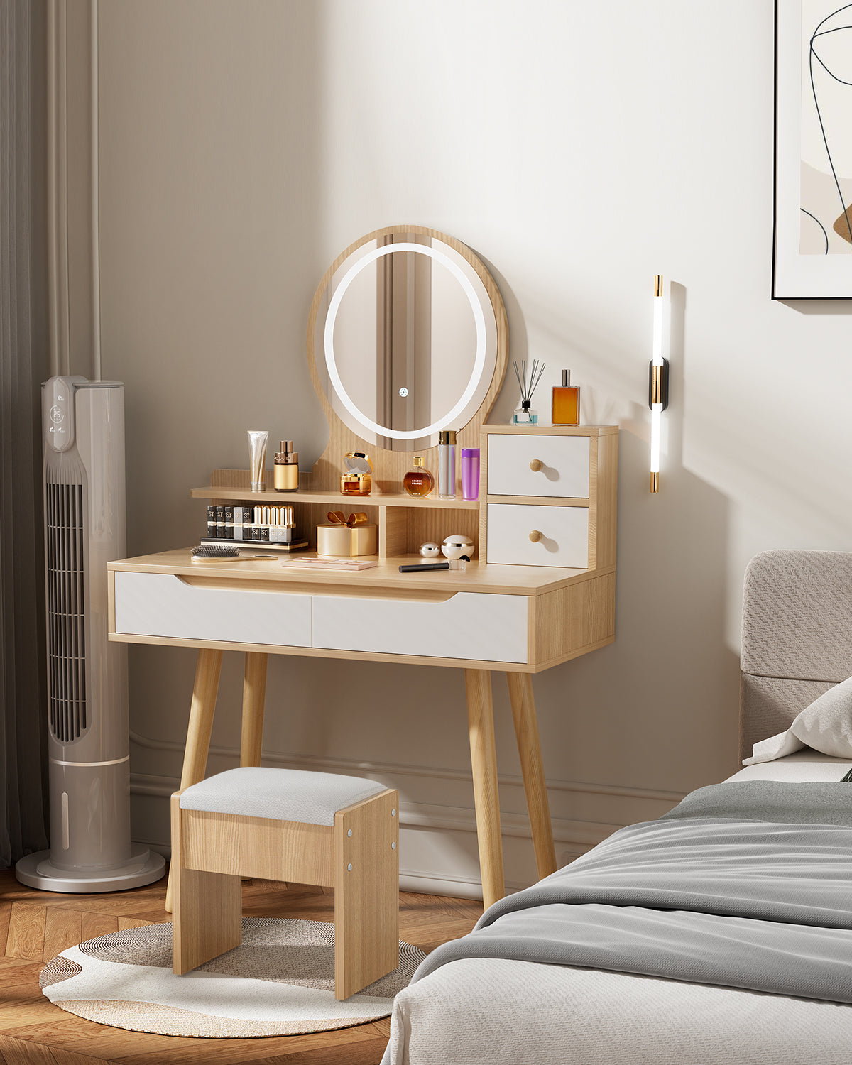 Vanity Table - Model D68 - Wood-colored, 80x40cm, Stool Included