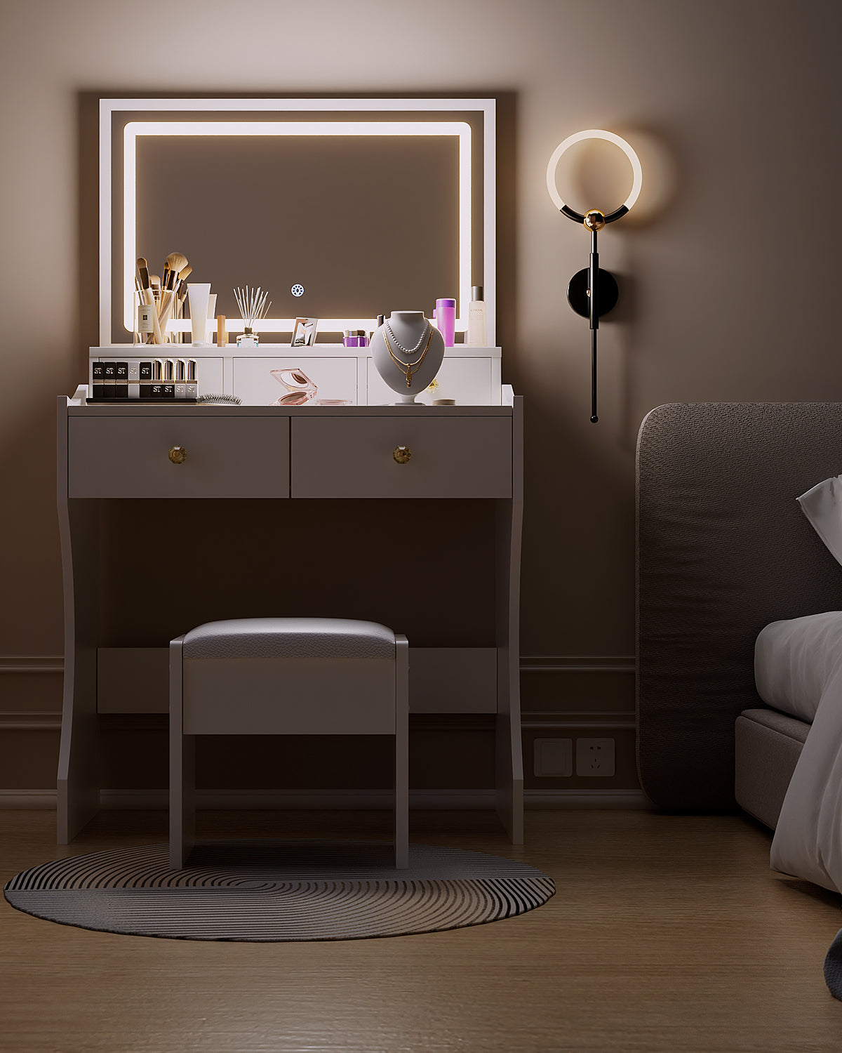 Vanity Table - Model D089 - White, 80x40cm, Extra Large Mirror, Stool Included