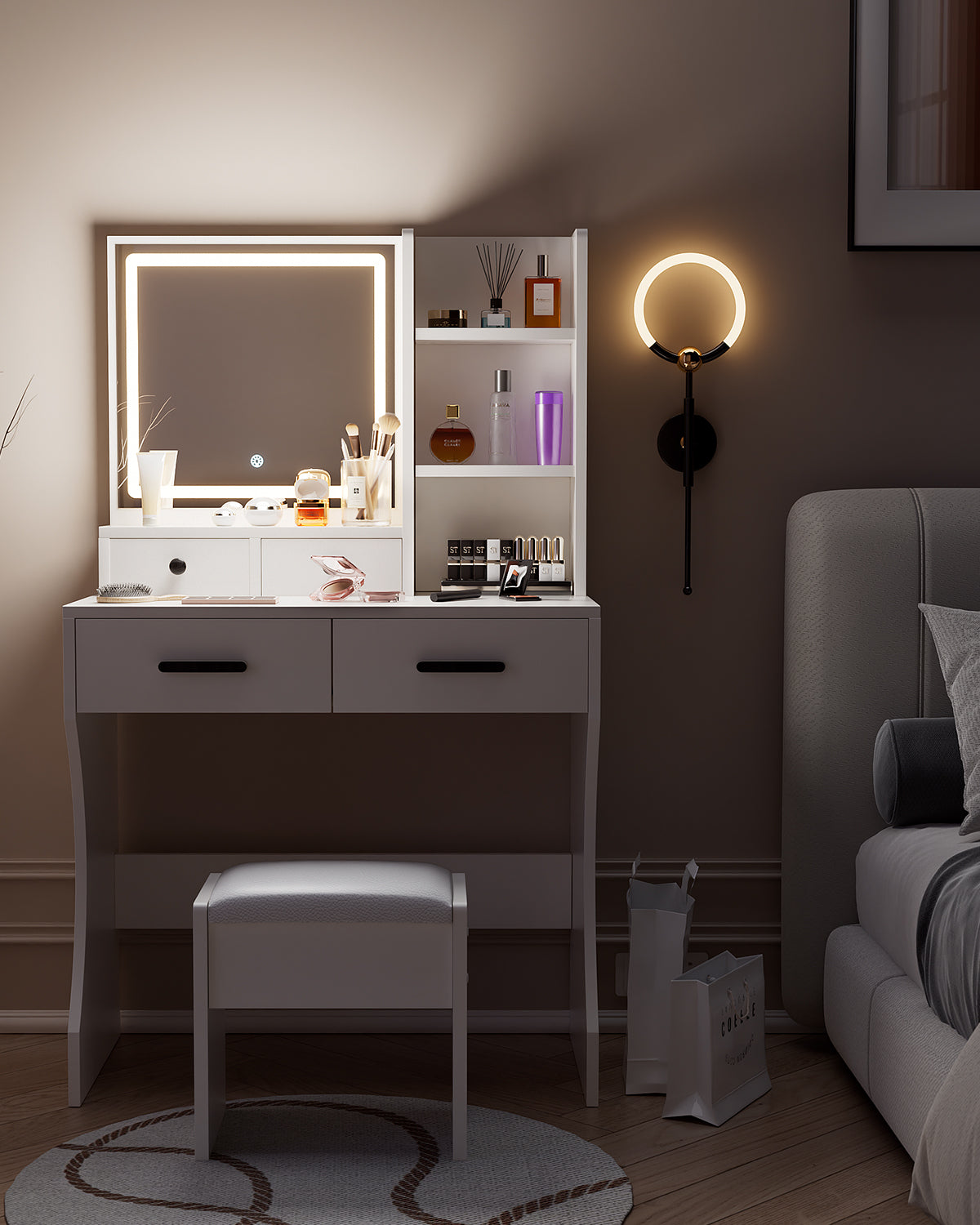 Vanity Table - Model D091A - White, 80x40cm, Stool Included